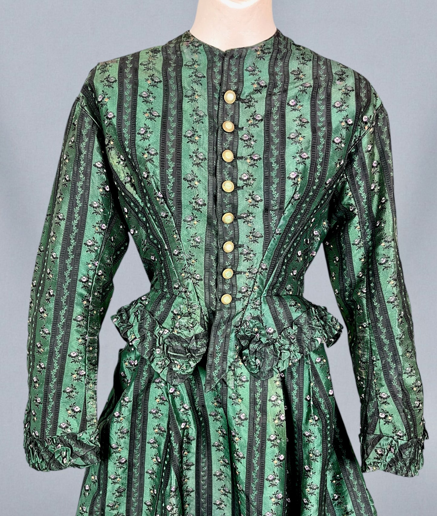 Exceptional Antique Victorian Polonaise Dress, 1870s–1880s, Emerald Green Figured Silk Bustle Gown, XXS