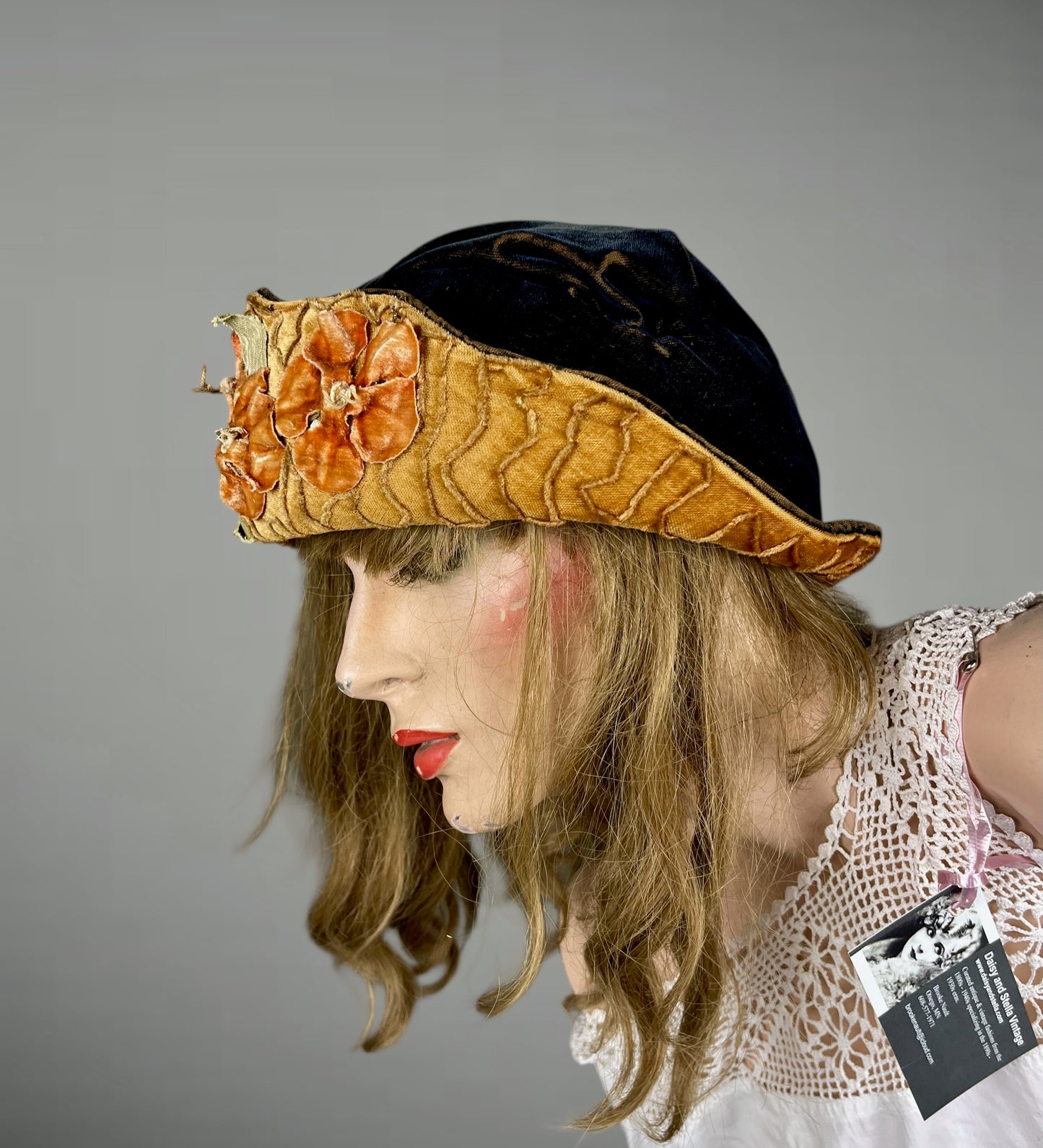 Antique Late 1910s–Early 1920s Navy Velvet Cloche Hat with Golden-Ochre Velvet Band & Dimensional Flowers