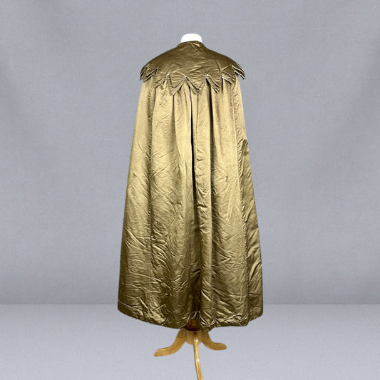 Vintage 1920s Gold-Hued Satin Cape with Subtle Olive Undertones & Layered Petal Collar