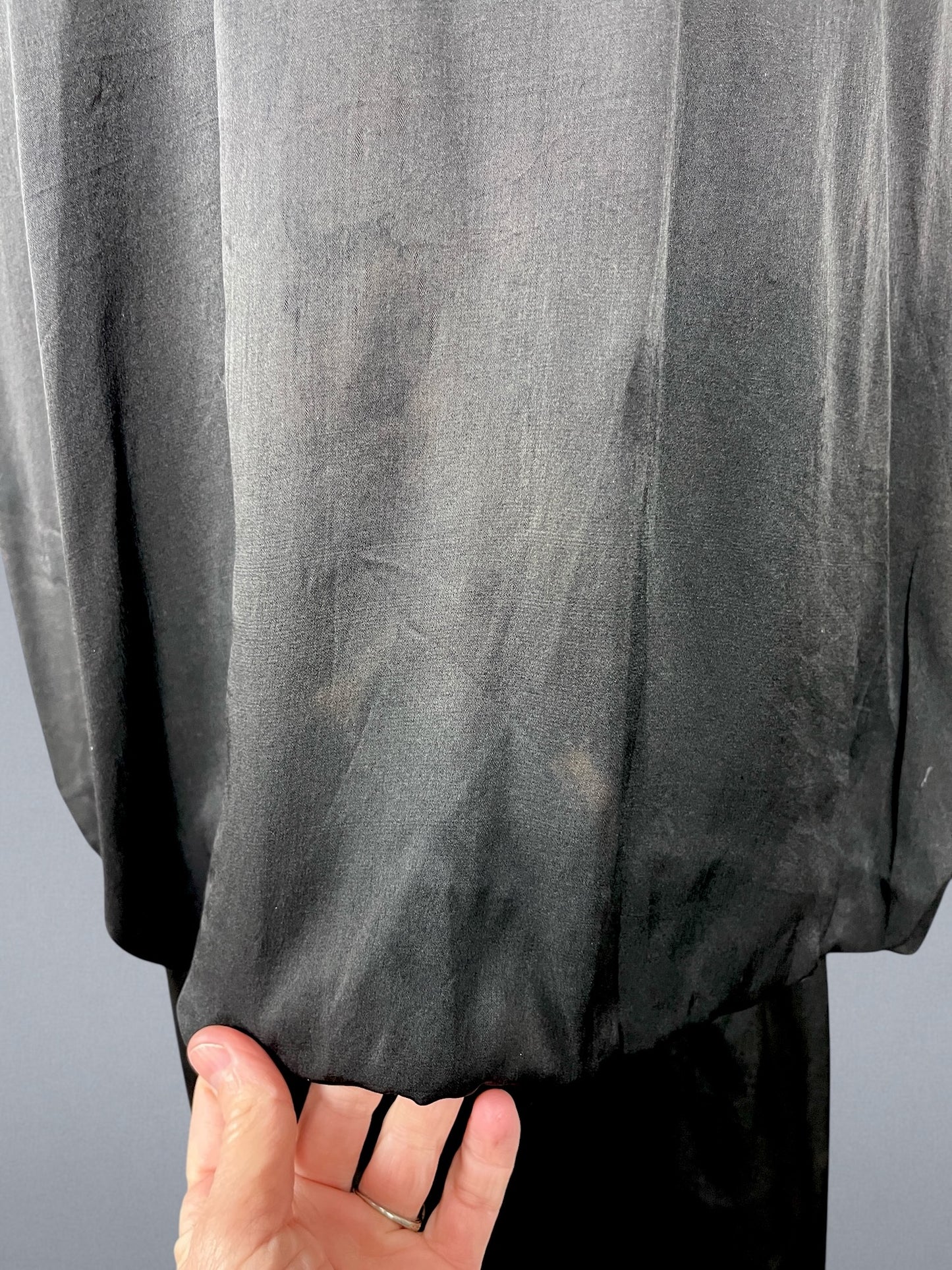 Antique Edwardian Early 1910s Black Silk Gown, Fluid Draped Skirt, Hobble-Era Influence, Small