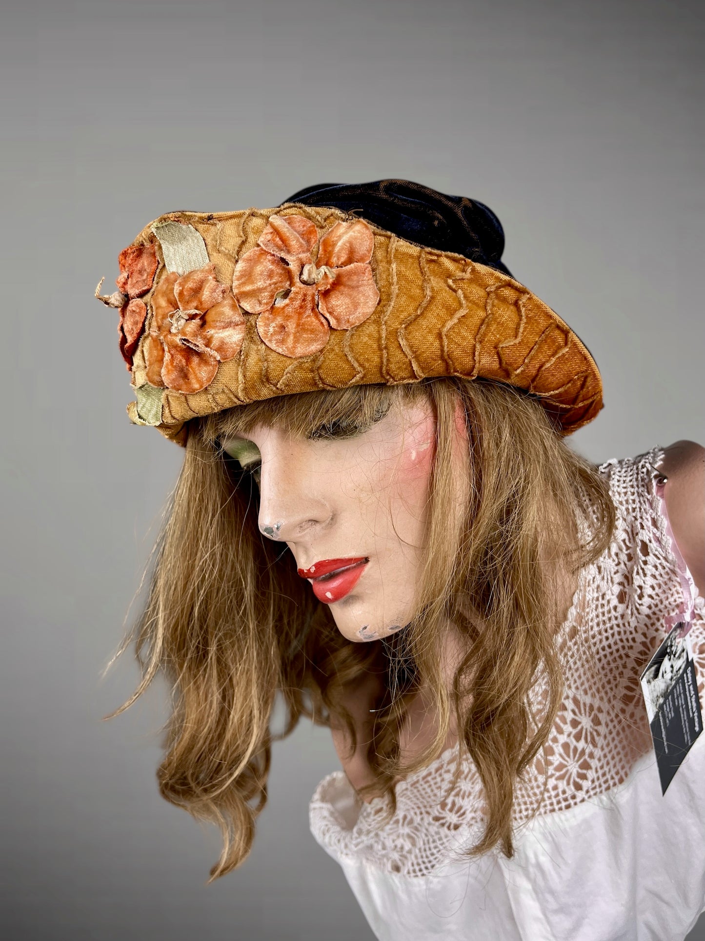 Antique Late 1910s–Early 1920s Navy Velvet Cloche Hat with Golden-Ochre Velvet Band & Dimensional Flowers