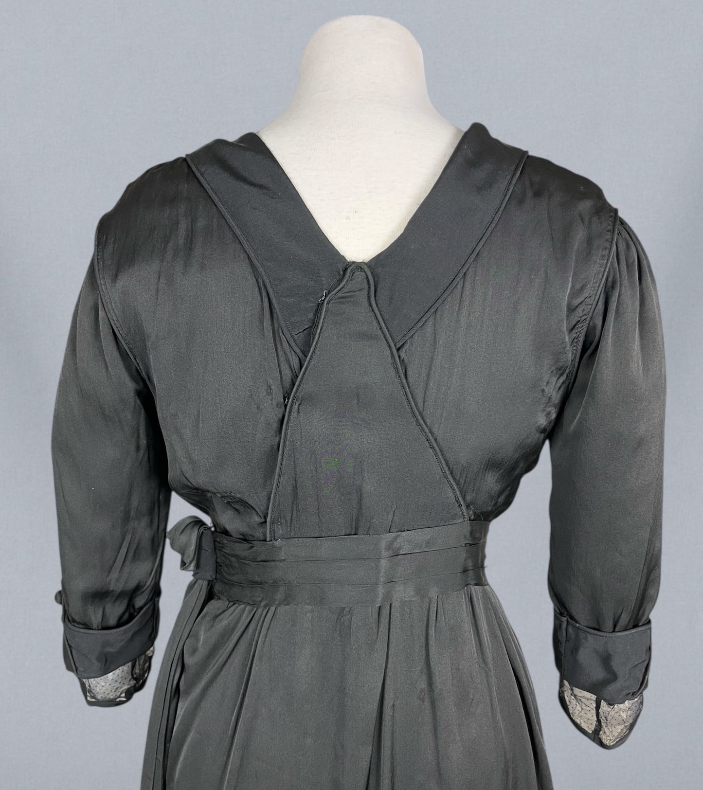 Antique Edwardian Early 1910s Black Silk Gown, Fluid Draped Skirt, Hobble-Era Influence, Small