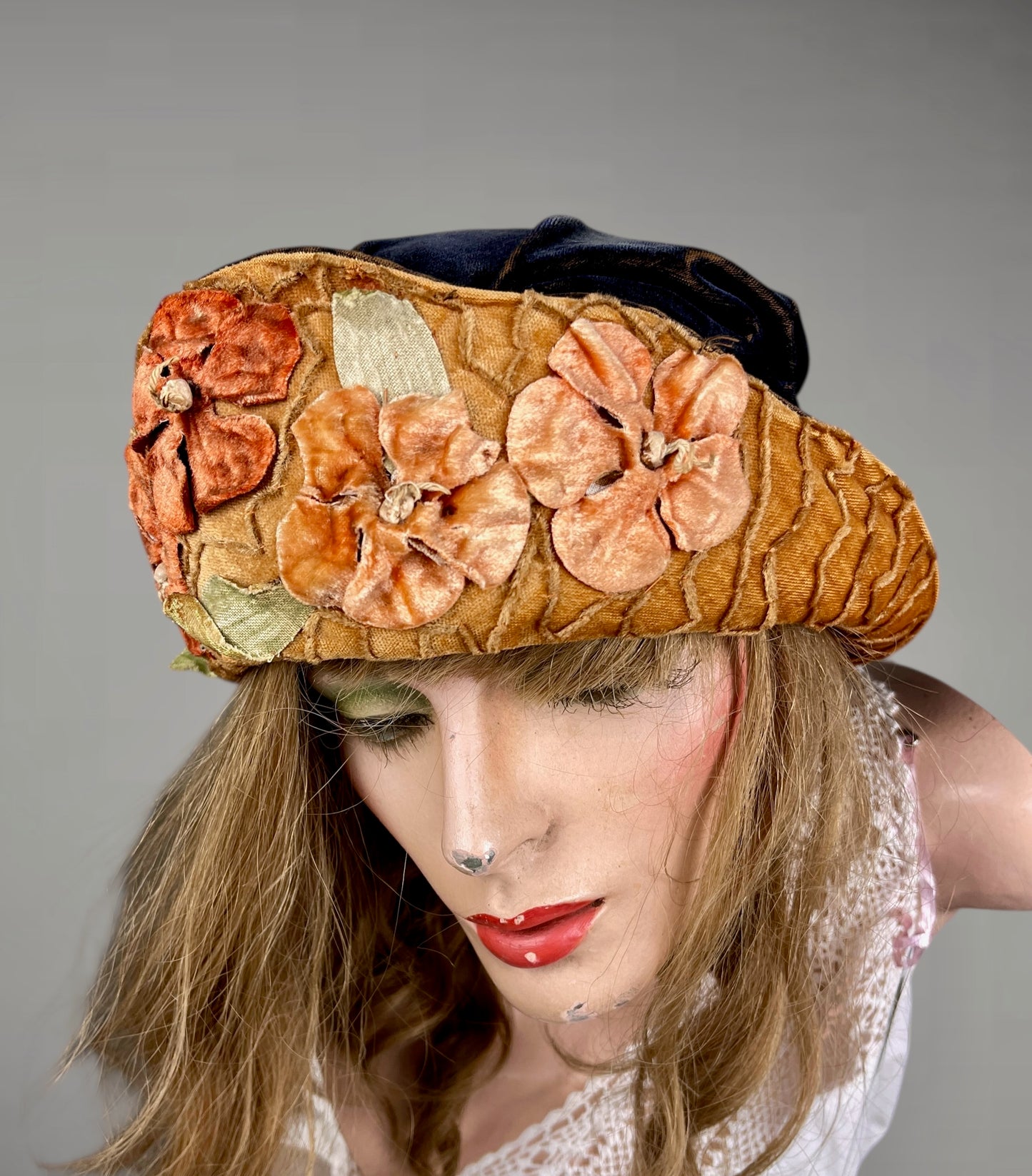 Antique Late 1910s–Early 1920s Navy Velvet Cloche Hat with Golden-Ochre Velvet Band & Dimensional Flowers