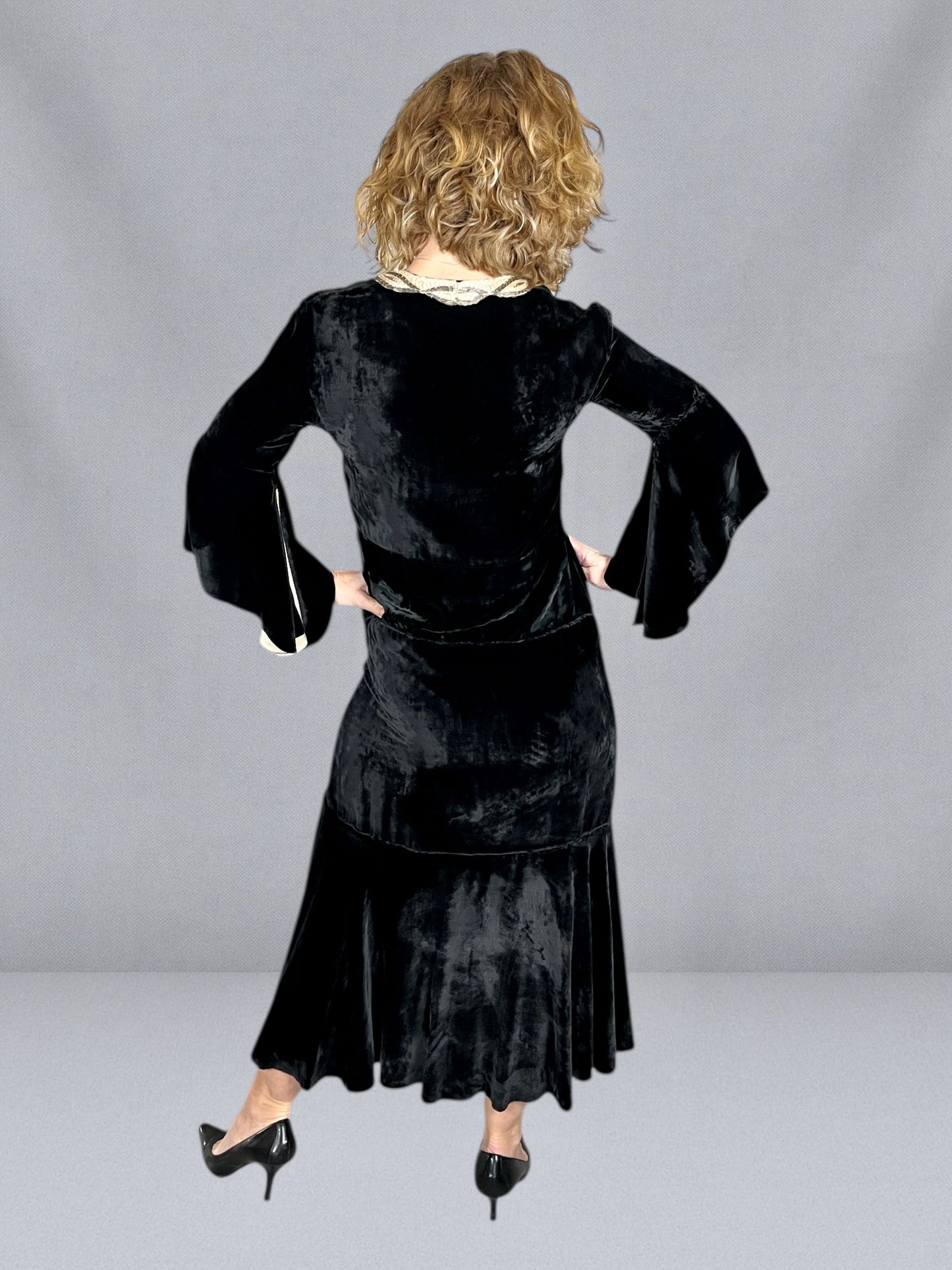 Antique Late 1920s Early 1930s Black Silk Velvet Dress with Beaded Neckline & Satin-Lined Bell Sleeves
