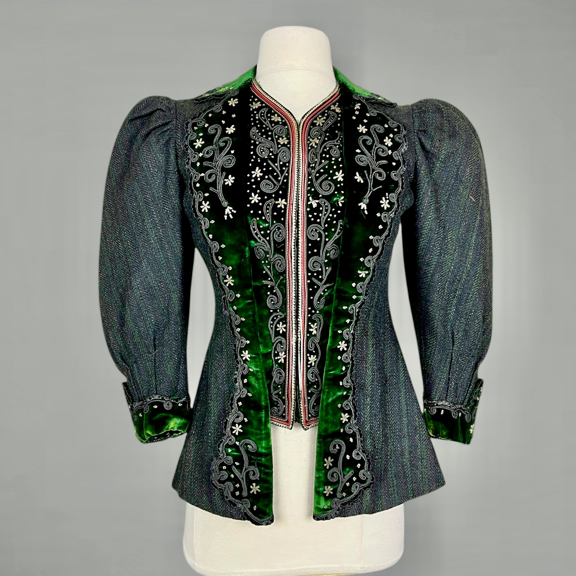 Antique 1890s Victorian striped wool bodice jacket with leg-of-mutton sleeves and emerald velvet trim