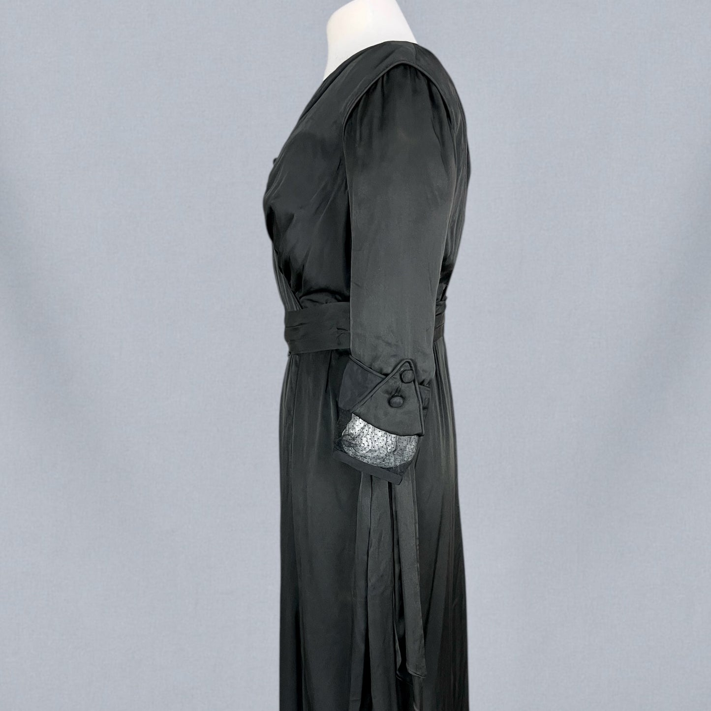 Antique Edwardian Early 1910s Black Silk Gown, Fluid Draped Skirt, Hobble-Era Influence, Small