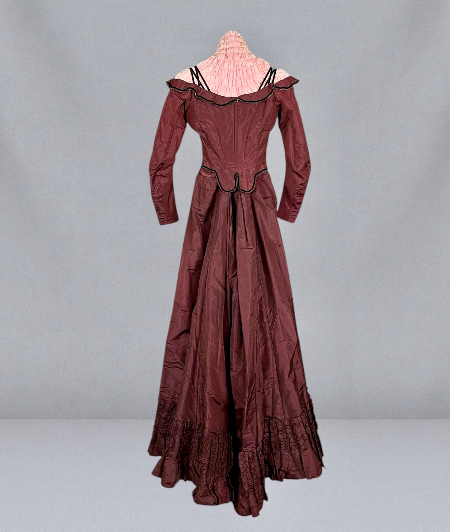 Antique Late Victorian 1890s Wine Silk Taffeta Two-Piece Dress Set with Ruched Pink High Neck Yoke, XXS