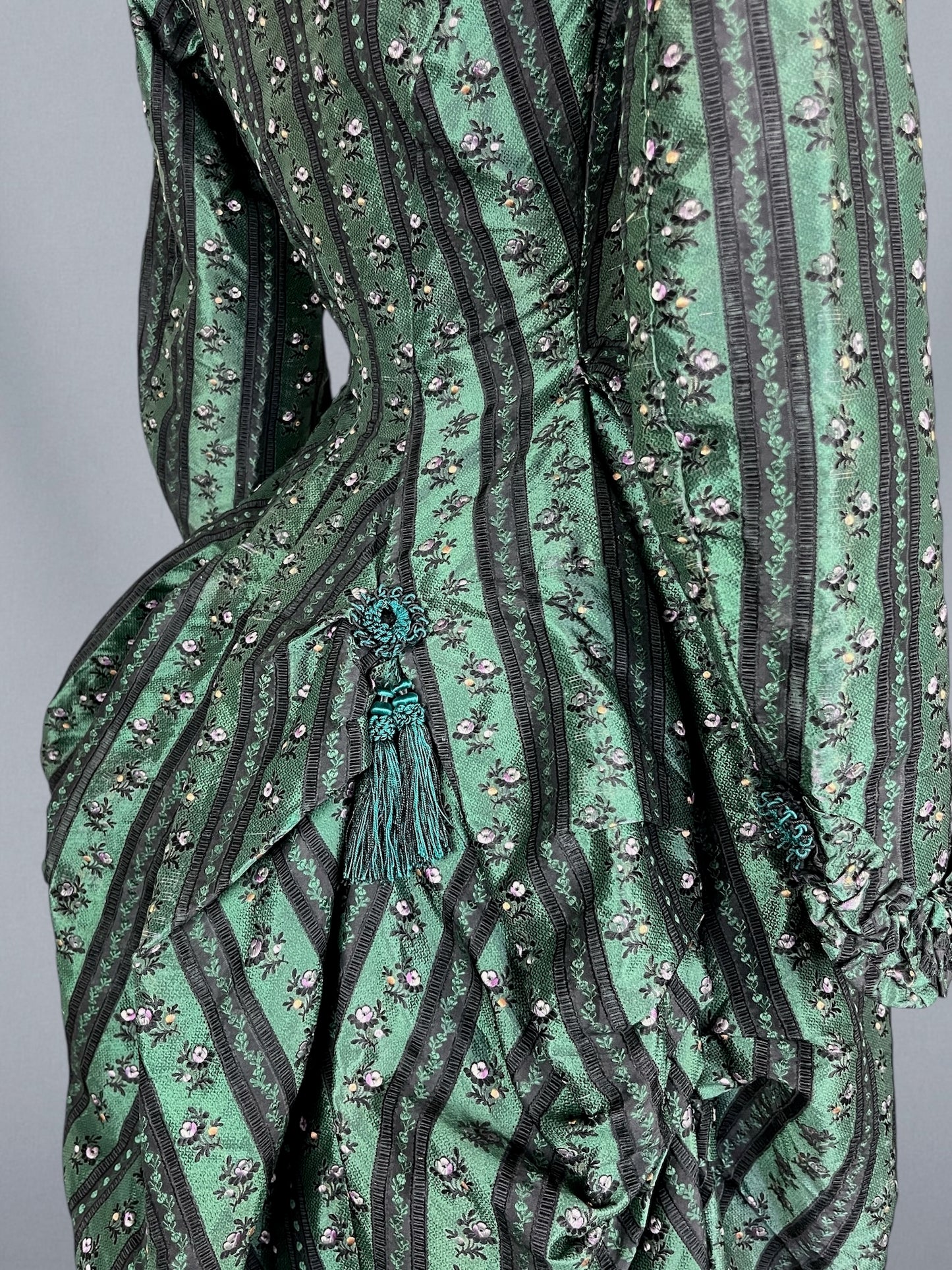 Exceptional Antique Victorian Polonaise Dress, 1870s–1880s, Emerald Green Figured Silk Bustle Gown, XXS