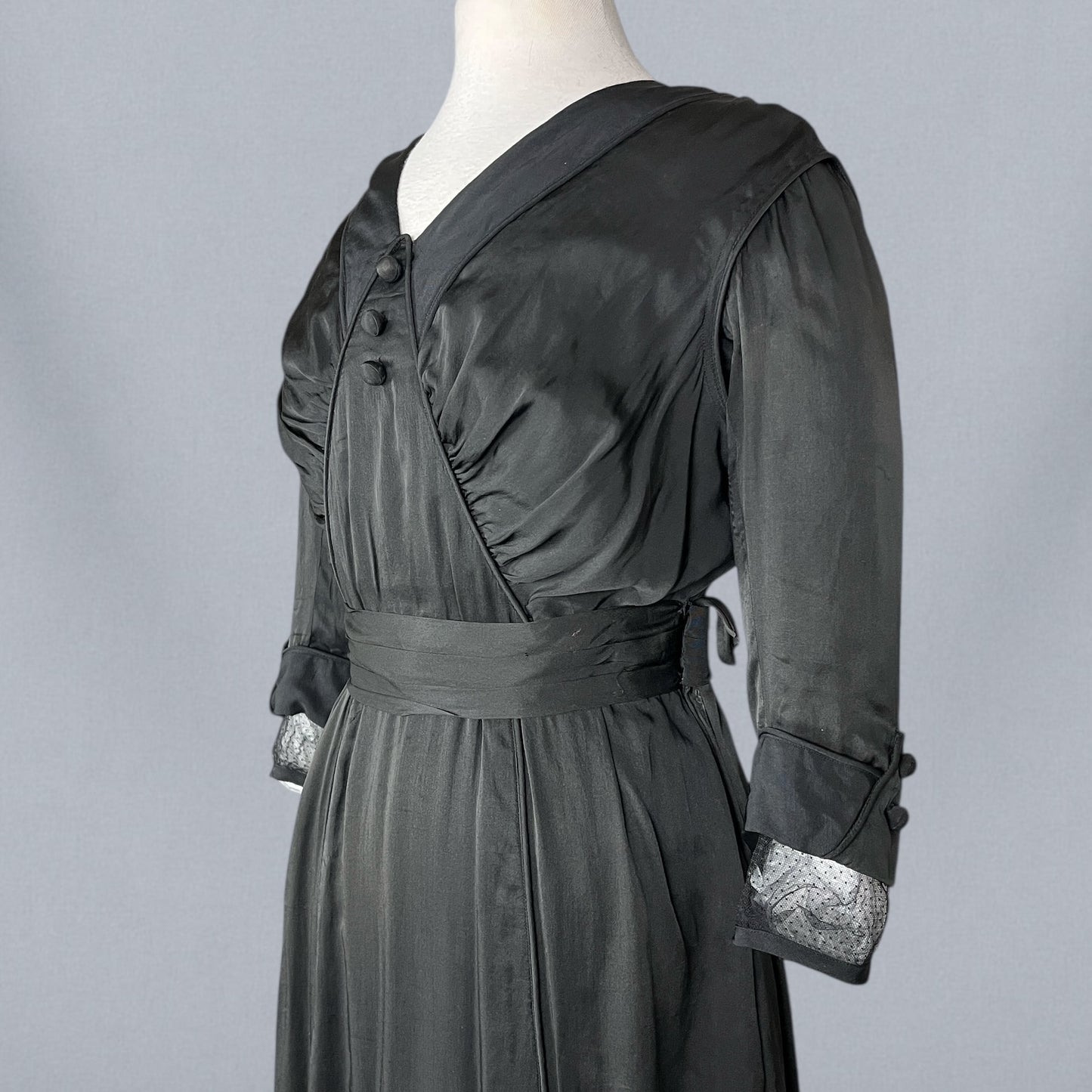 Antique Edwardian Early 1910s Black Silk Gown, Fluid Draped Skirt, Hobble-Era Influence, Small