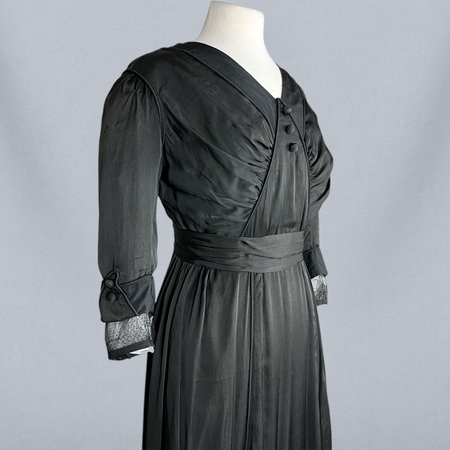 Antique Edwardian Early 1910s Black Silk Gown, Fluid Draped Skirt, Hobble-Era Influence, Small