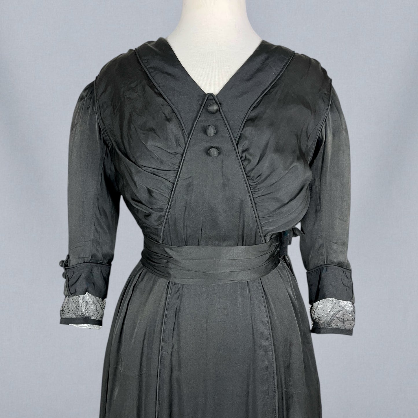 Antique Edwardian Early 1910s Black Silk Gown, Fluid Draped Skirt, Hobble-Era Influence, Small