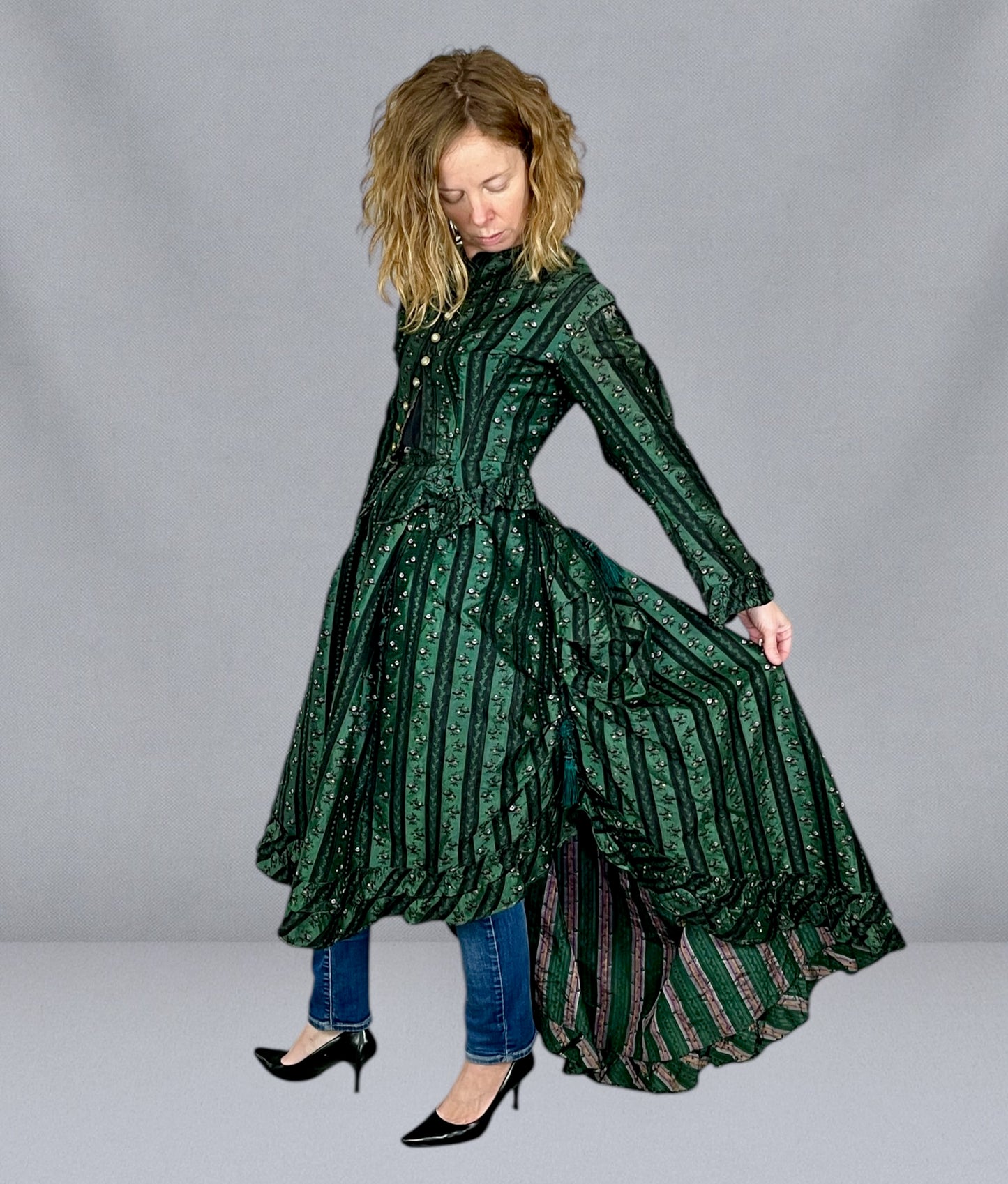 Exceptional Antique Victorian Polonaise Dress, 1870s–1880s, Emerald Green Figured Silk Bustle Gown, XXS