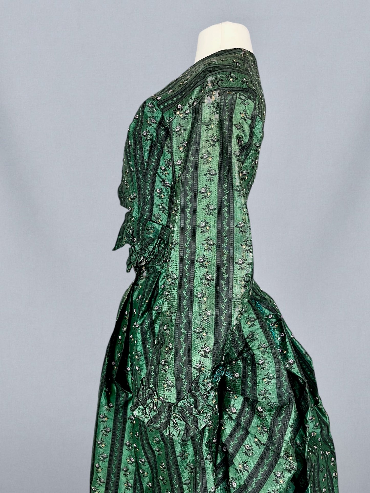 Exceptional Antique Victorian Polonaise Dress, 1870s–1880s, Emerald Green Figured Silk Bustle Gown, XXS