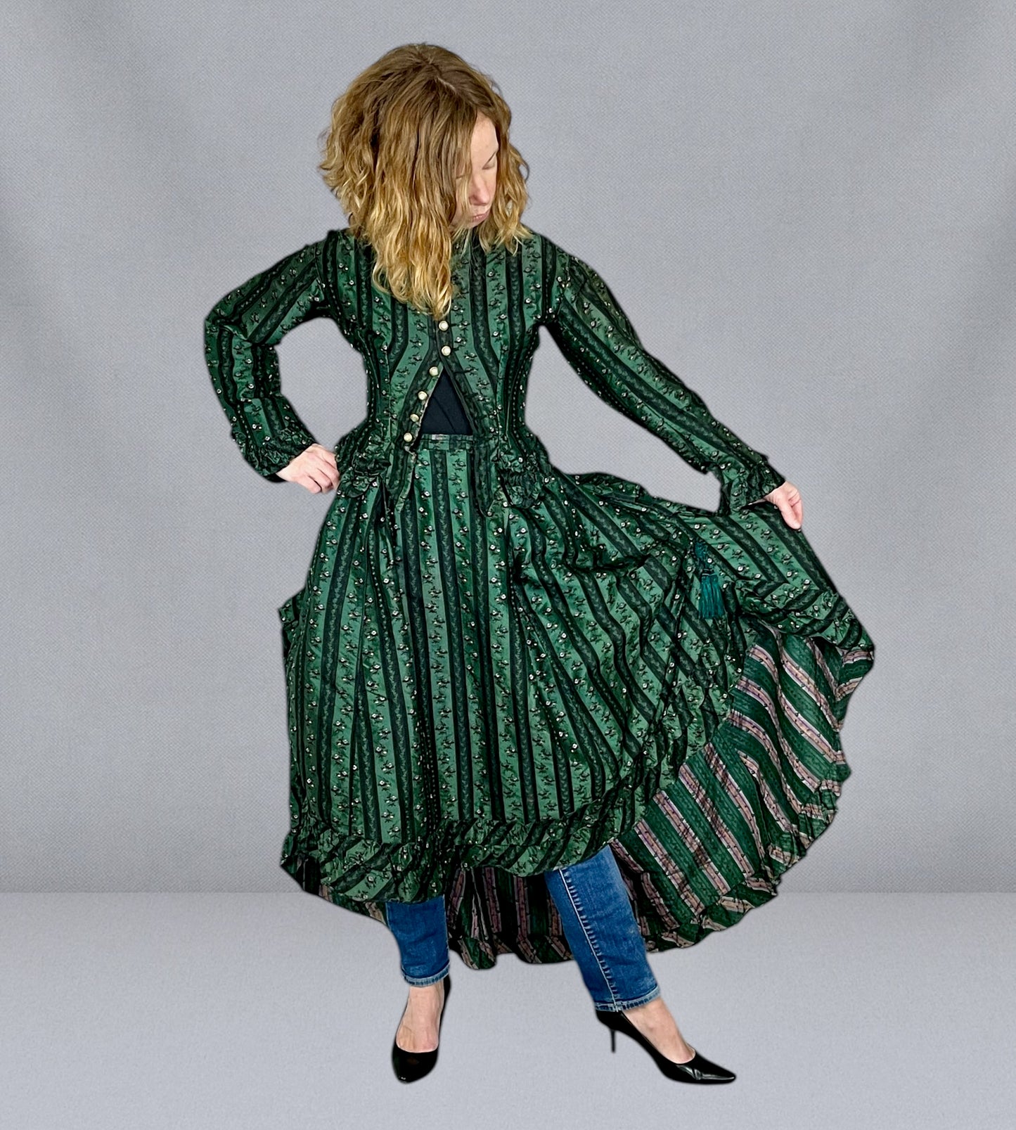 Exceptional Antique Victorian Polonaise Dress, 1870s–1880s, Emerald Green Figured Silk Bustle Gown, XXS