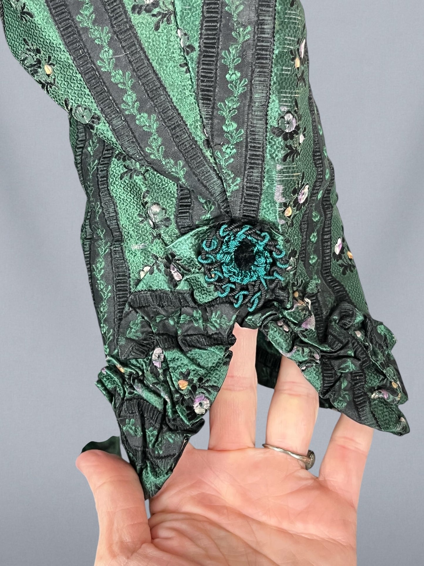 Exceptional Antique Victorian Polonaise Dress, 1870s–1880s, Emerald Green Figured Silk Bustle Gown, XXS