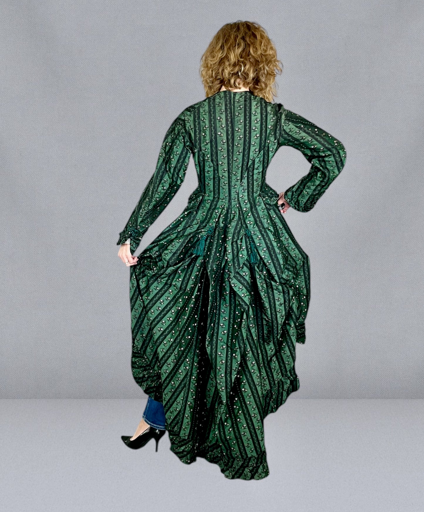 Exceptional Antique Victorian Polonaise Dress, 1870s–1880s, Emerald Green Figured Silk Bustle Gown, XXS