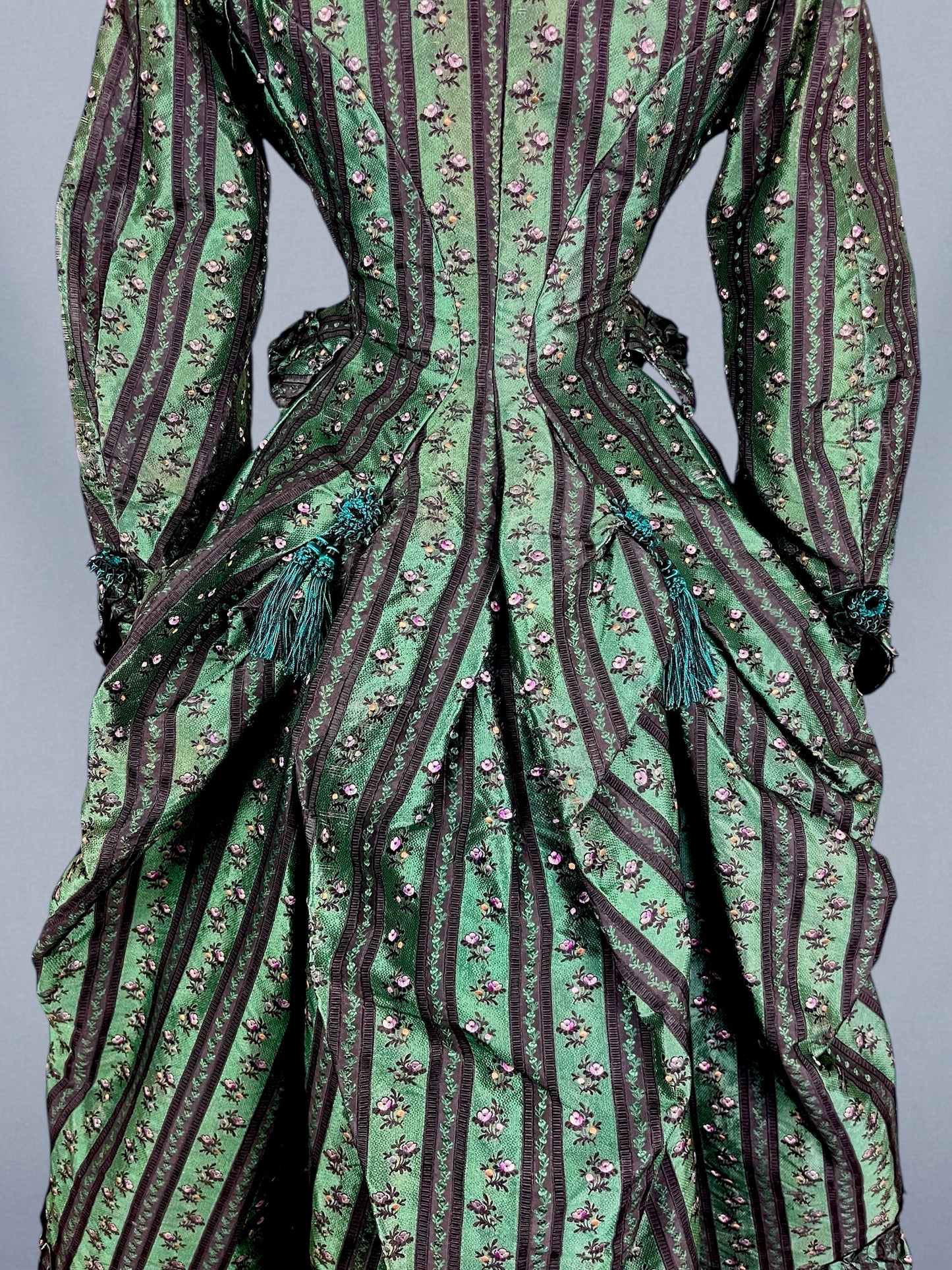 Exceptional Antique Victorian Polonaise Dress, 1870s–1880s, Emerald Green Figured Silk Bustle Gown, XXS