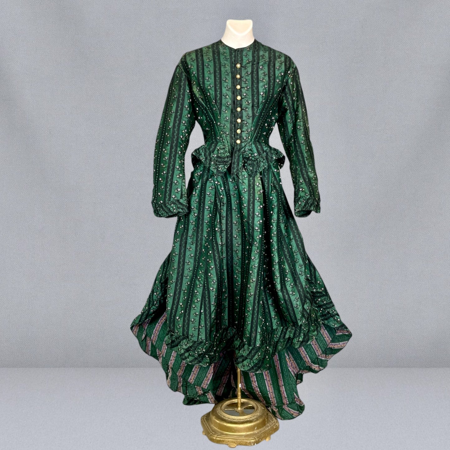 Exceptional Antique Victorian Polonaise Dress, 1870s–1880s, Emerald Green Figured Silk Bustle Gown, XXS
