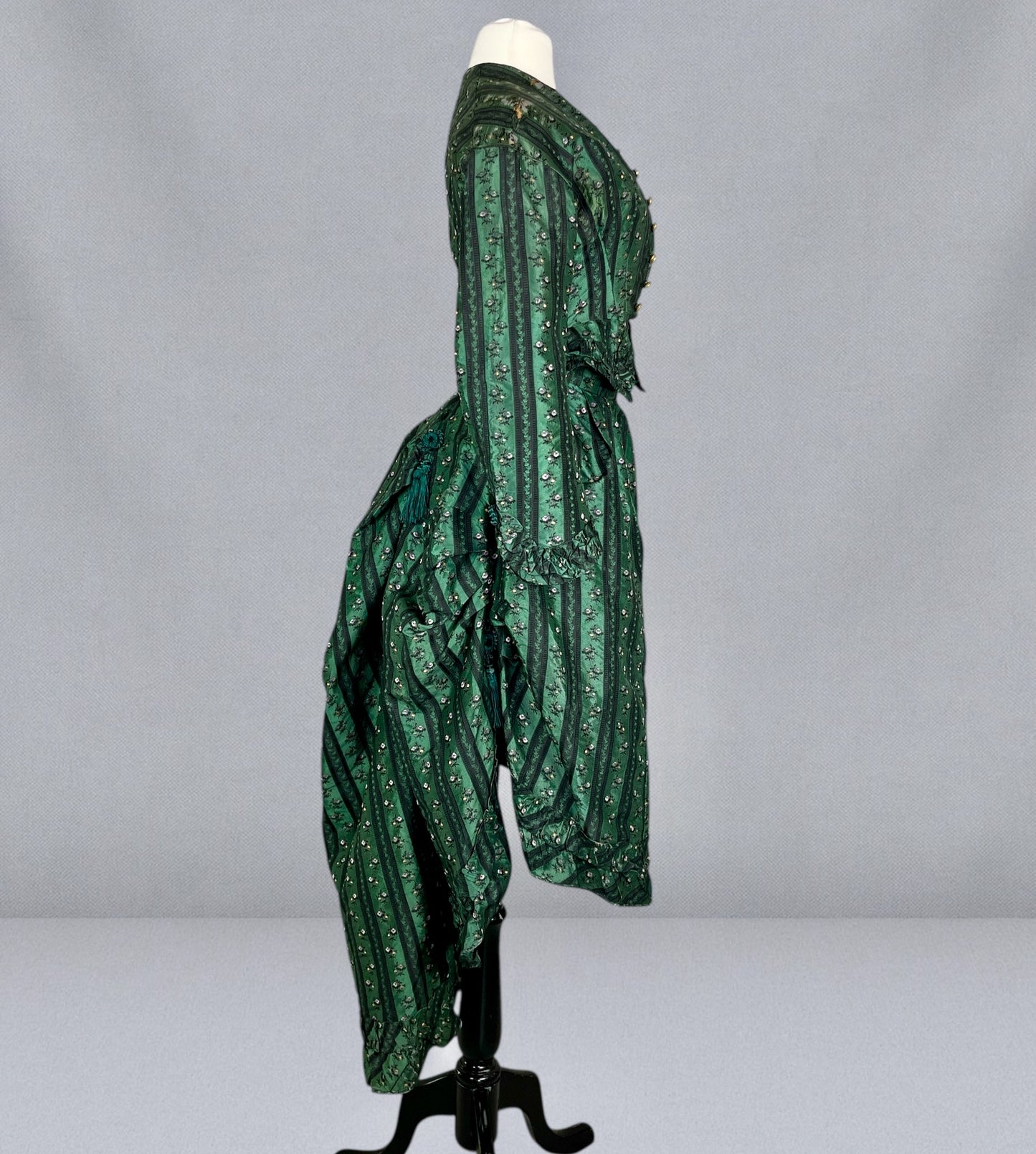 Exceptional Antique Victorian Polonaise Dress, 1870s–1880s, Emerald Green Figured Silk Bustle Gown, XXS