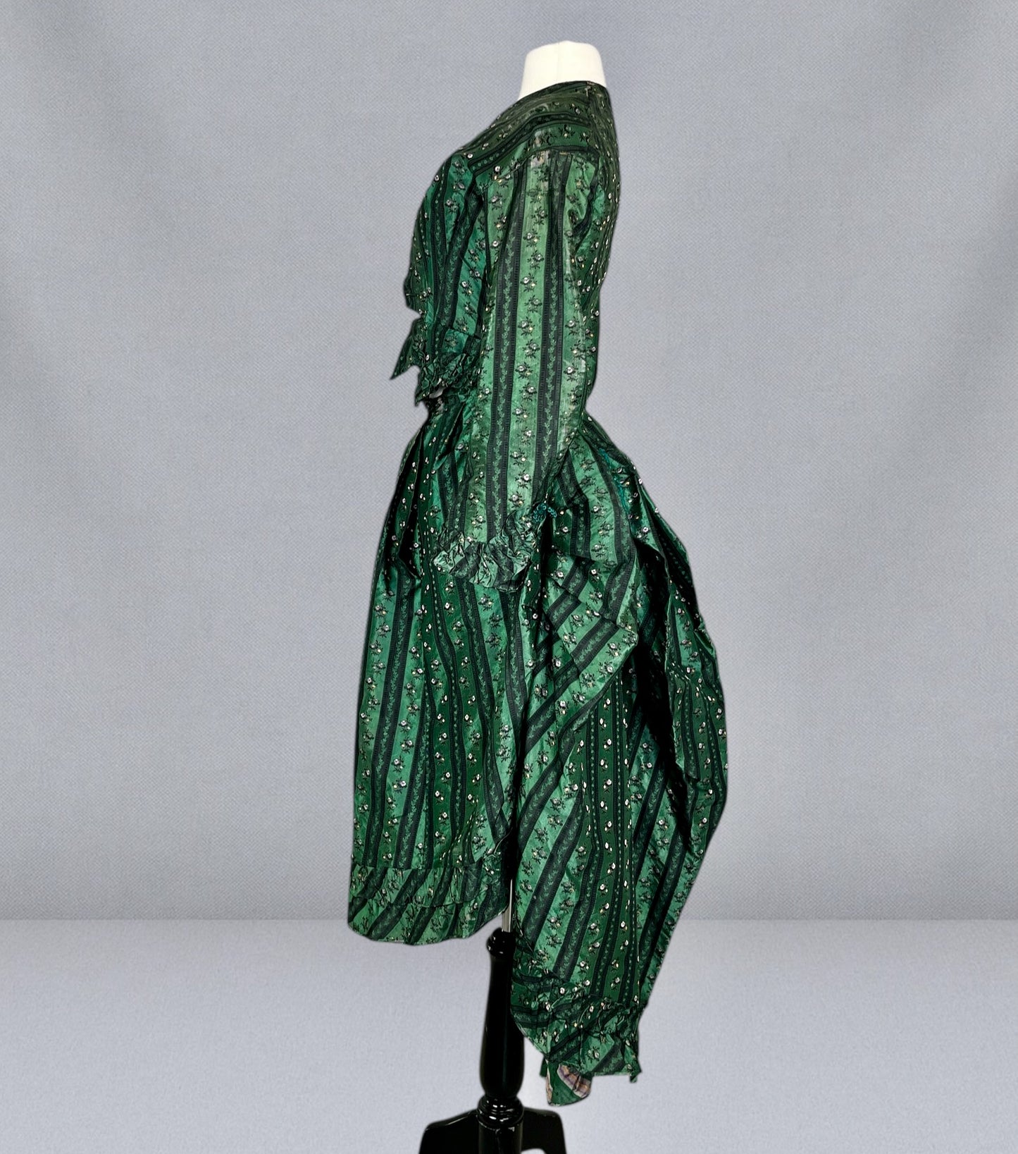 Exceptional Antique Victorian Polonaise Dress, 1870s–1880s, Emerald Green Figured Silk Bustle Gown, XXS