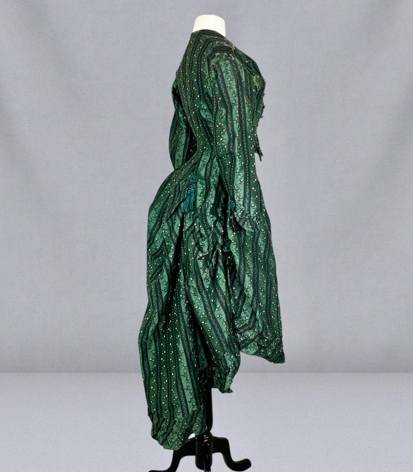 Exceptional Antique Victorian Polonaise Dress, 1870s–1880s, Emerald Green Figured Silk Bustle Gown, XXS
