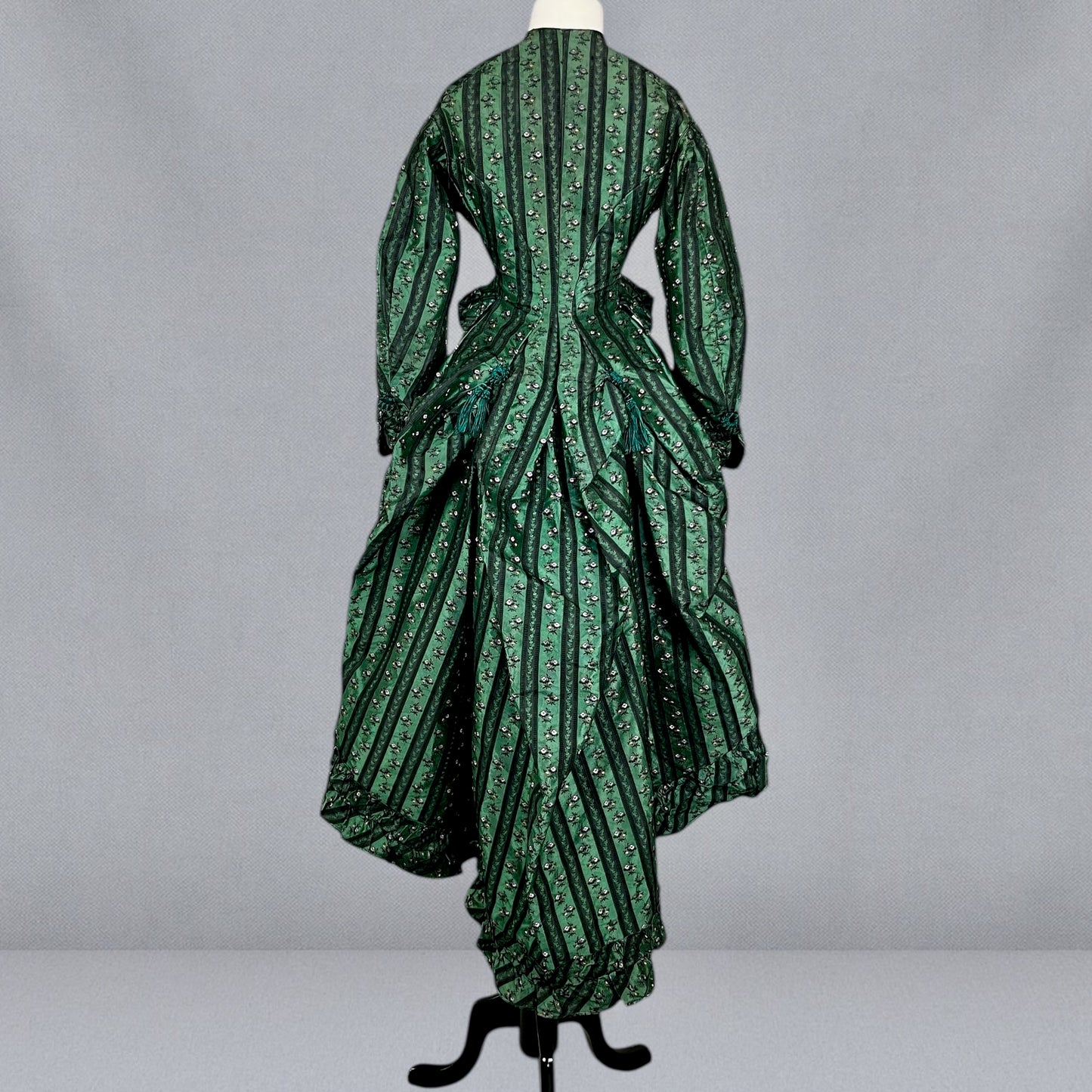 Exceptional Antique Victorian Polonaise Dress, 1870s–1880s, Emerald Green Figured Silk Bustle Gown, XXS