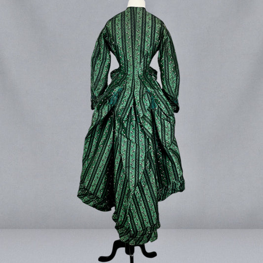 Exceptional Antique Victorian Polonaise Dress, 1870s–1880s, Emerald Green Figured Silk Bustle Gown, XXS