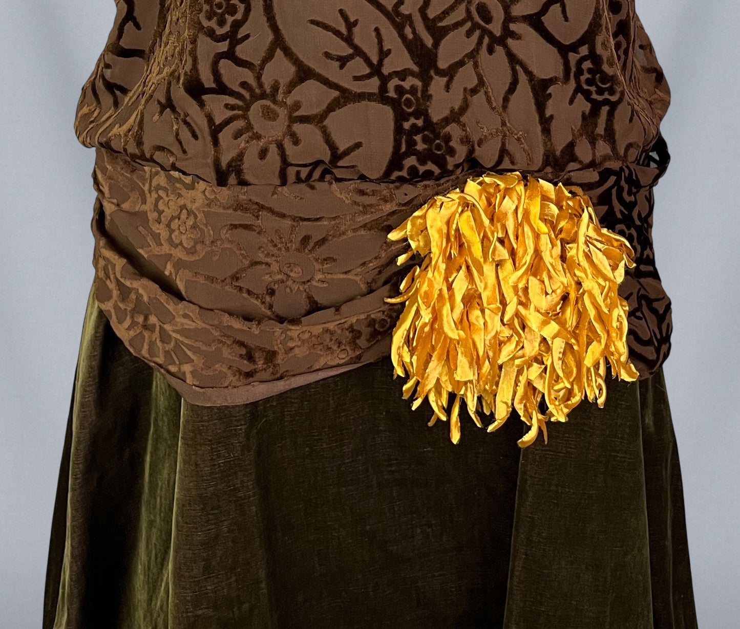 Antique 1920s Burnout Velvet Flapper Dress with Silk Flower Detail, Medium