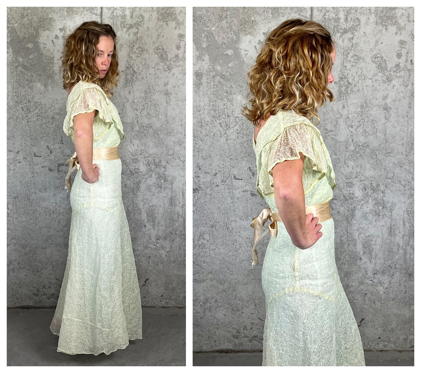 Vintage 1930s Sheer Green Organdy Gown, Embroidered Flutter Sleeve Art Deco Bias-Cut Dress, S / S-M