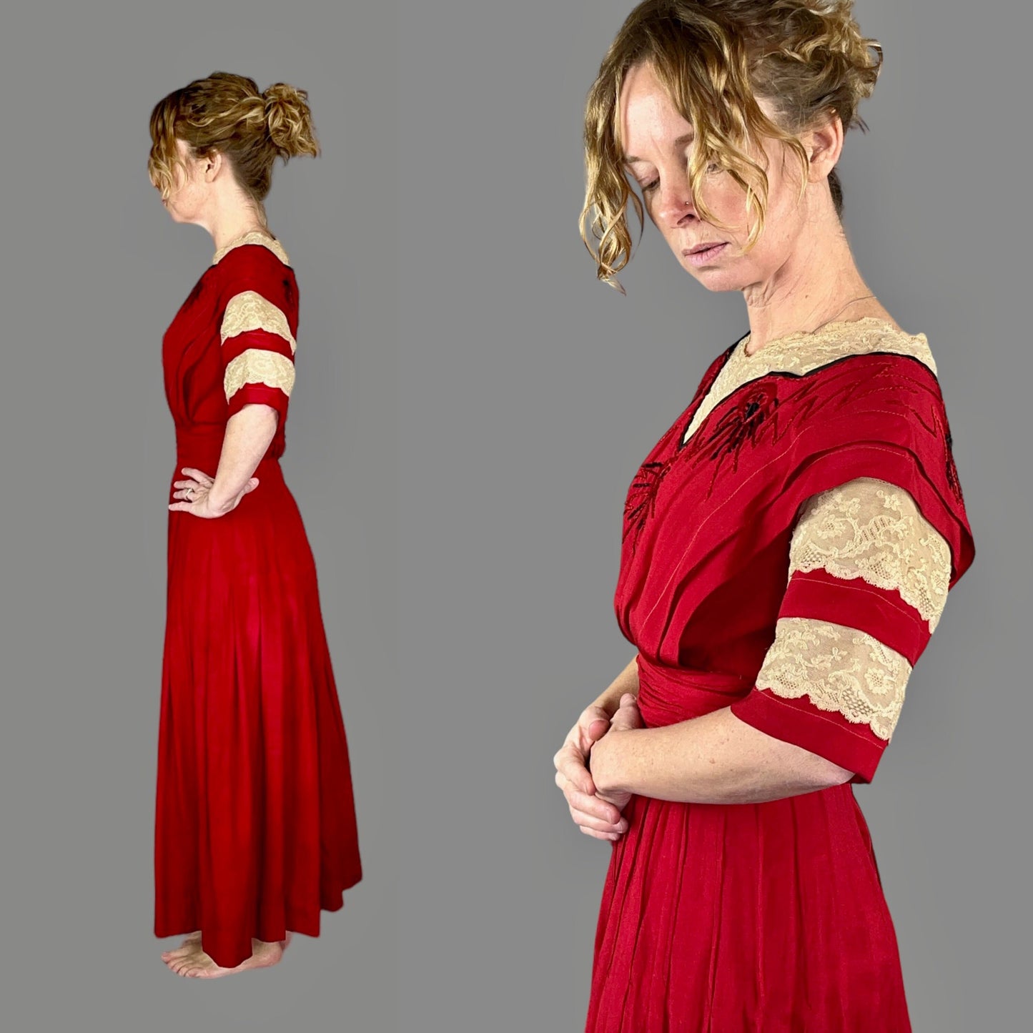 Antique Edwardian 1910s Red Silk Lace Dress, XS