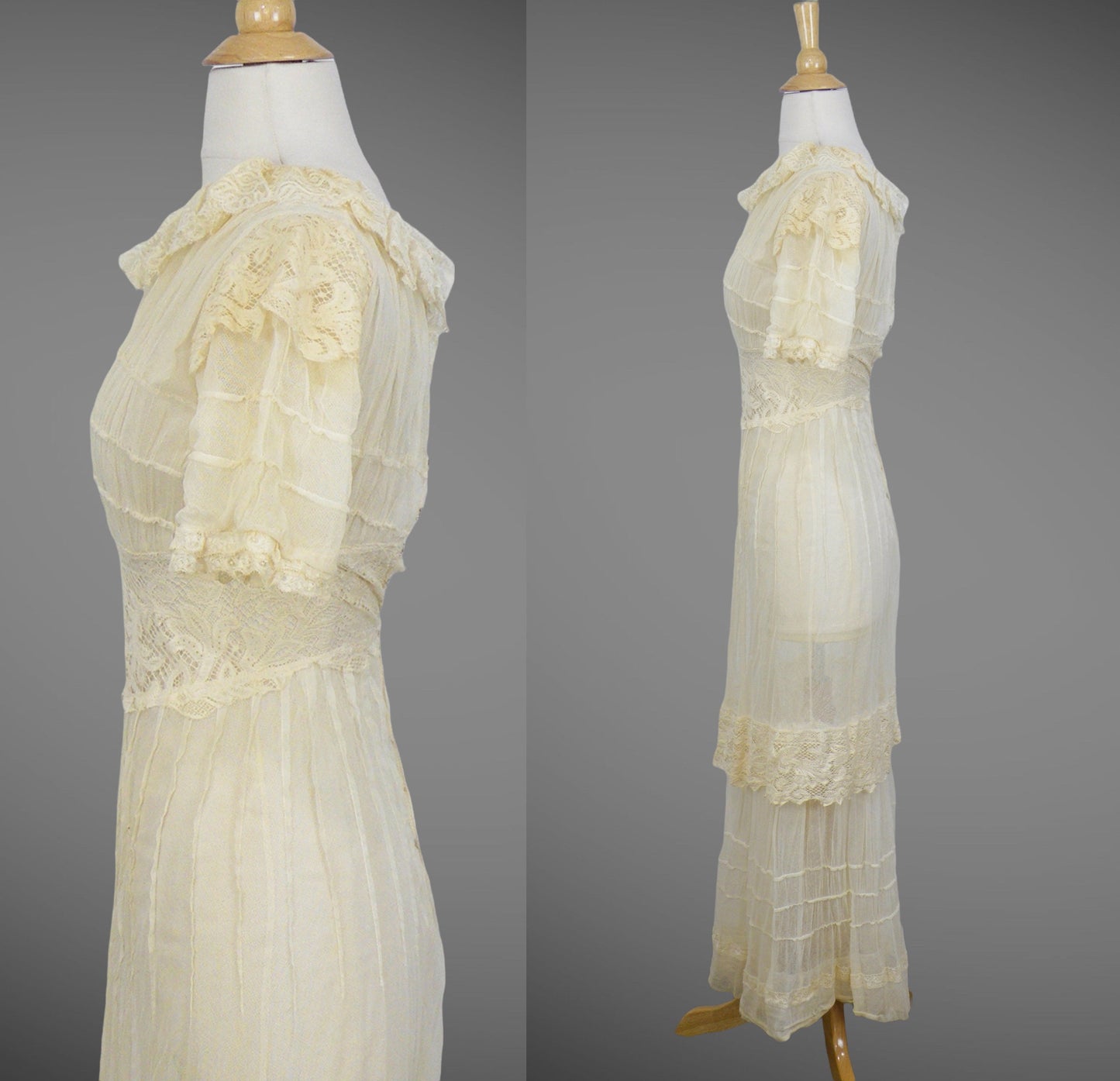 1910s Antique Cream Net Lace Edwardian Dress, XXS - XS