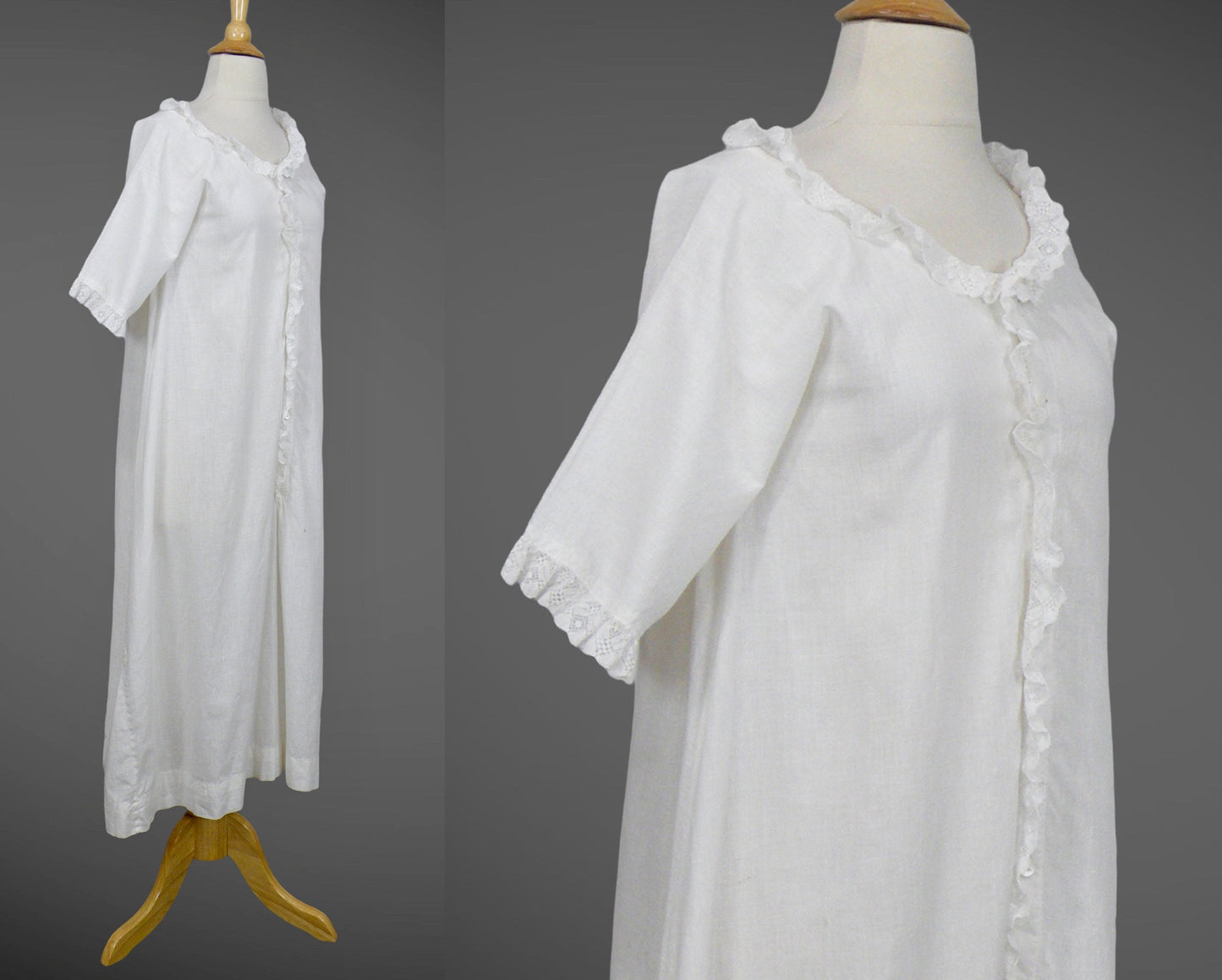 Antique 1900s Victorian Edwardian White Cotton Nightgown with Lace Trim, Small 34" Bust