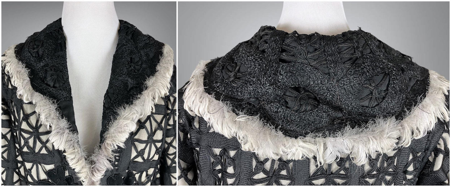 Late 1910s 1920s Feather Trim Wool Soutache Coat, L - XL