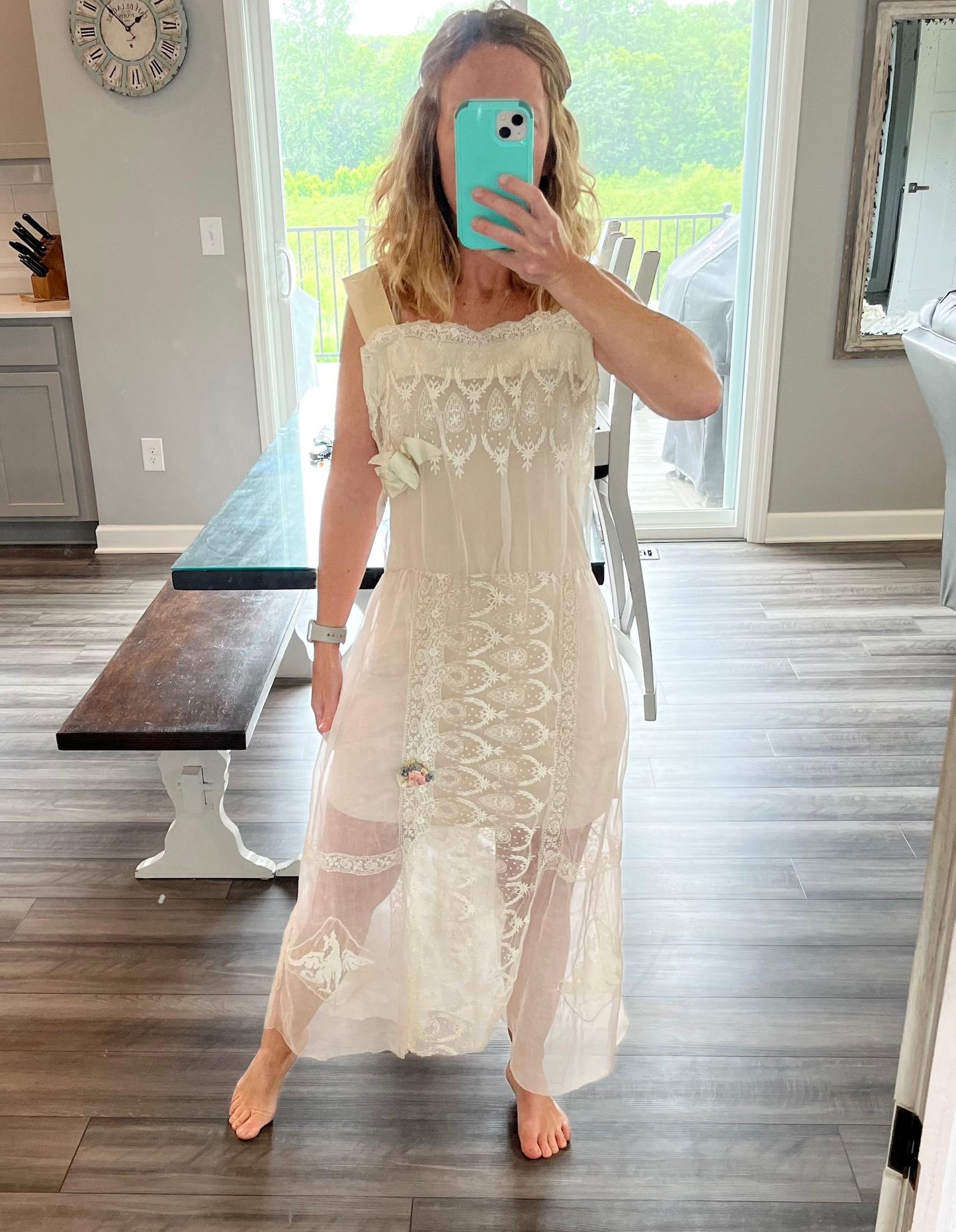 Antique 1910s Pale Blush Organdy Lace Edwardian Bridal Dress with Silk Ribbon Roses, Small