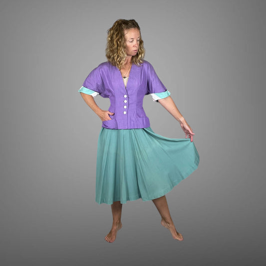 Vintage 1940s Teal and Purple Color-Block Blouse & Skirt Two-Piece Set