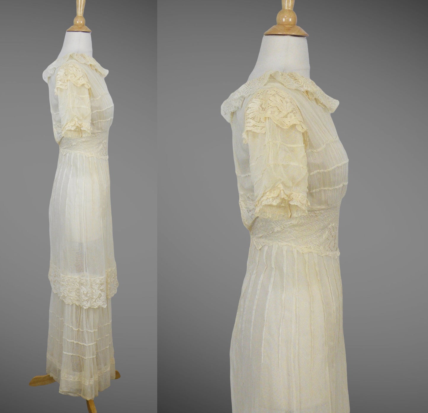 1910s Antique Cream Net Lace Edwardian Dress, XXS - XS