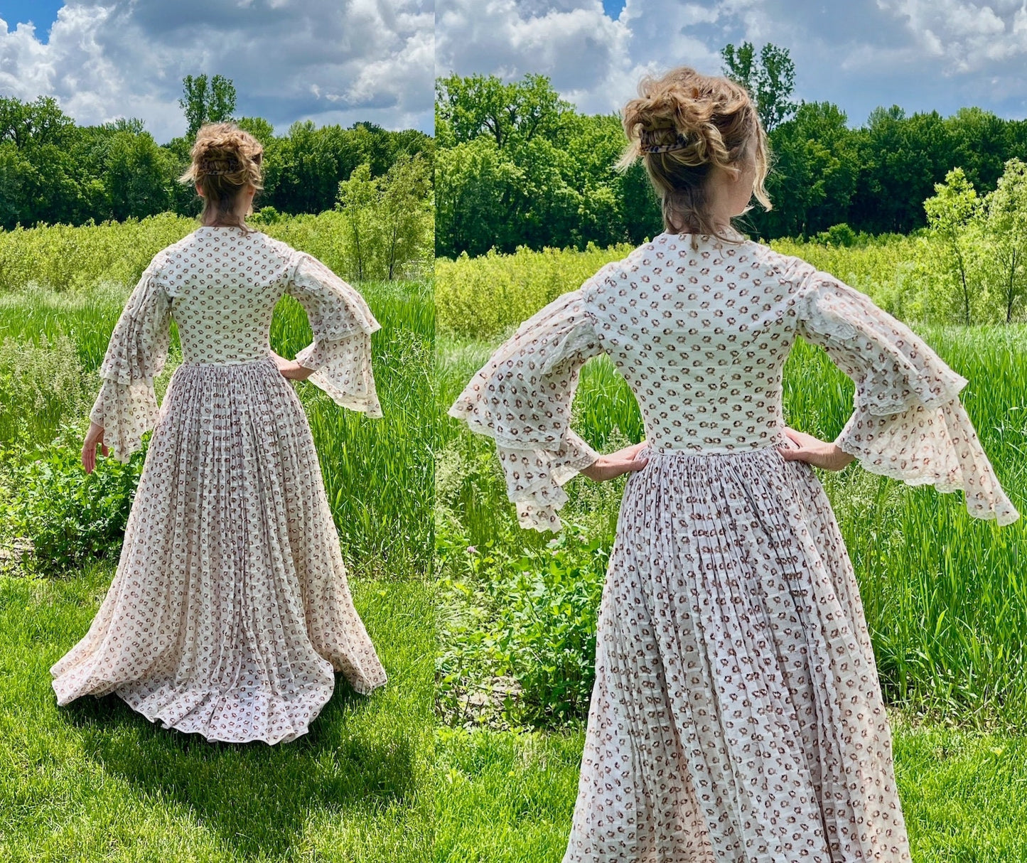Antique 1850s Victorian Printed Rosebud Cotton Dress with Pagoda Sleeves & Fan Front, XS