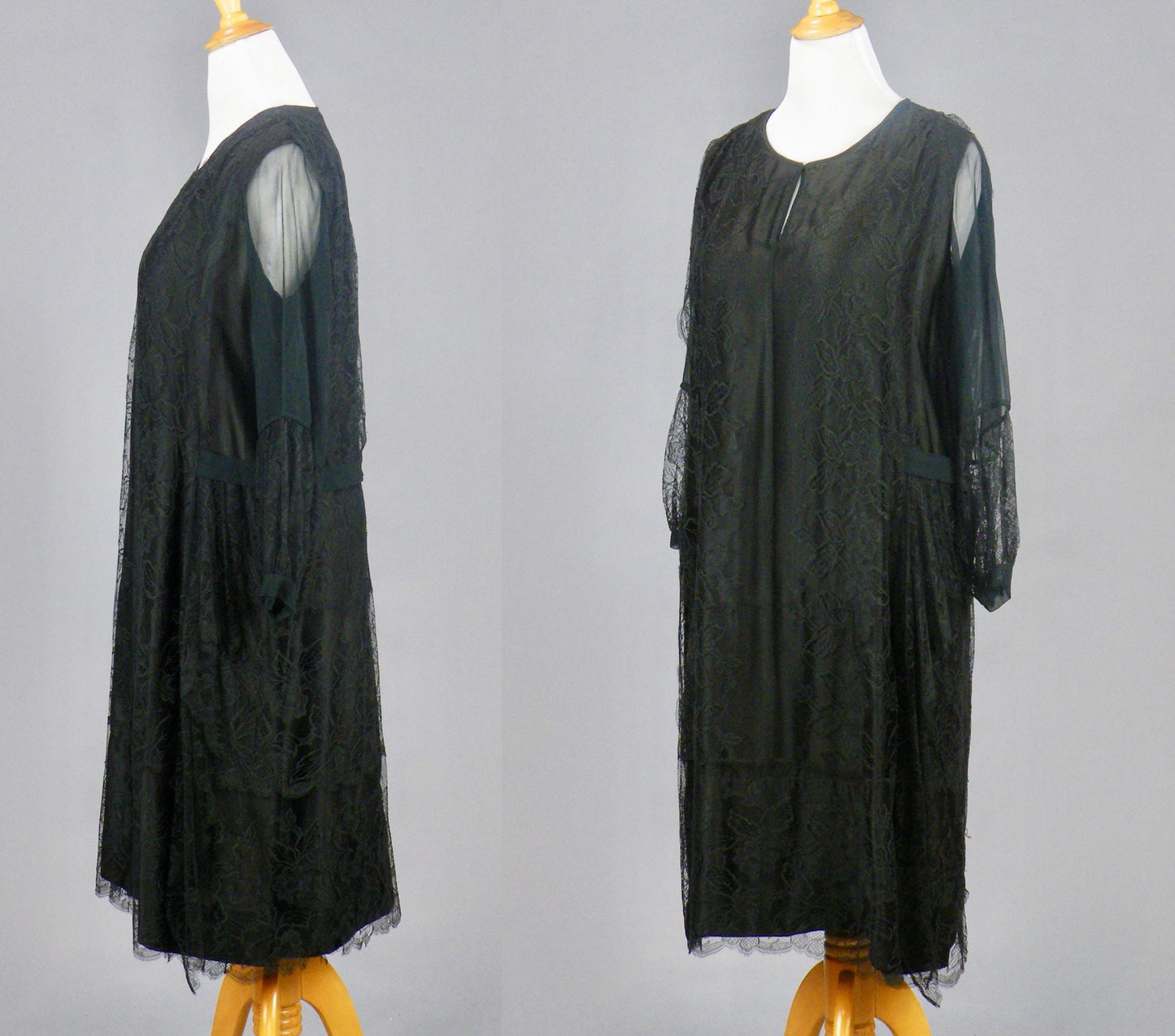 Vintage 1920s Black Silk Lace Dress, Jazz Age 20s Dress, Large