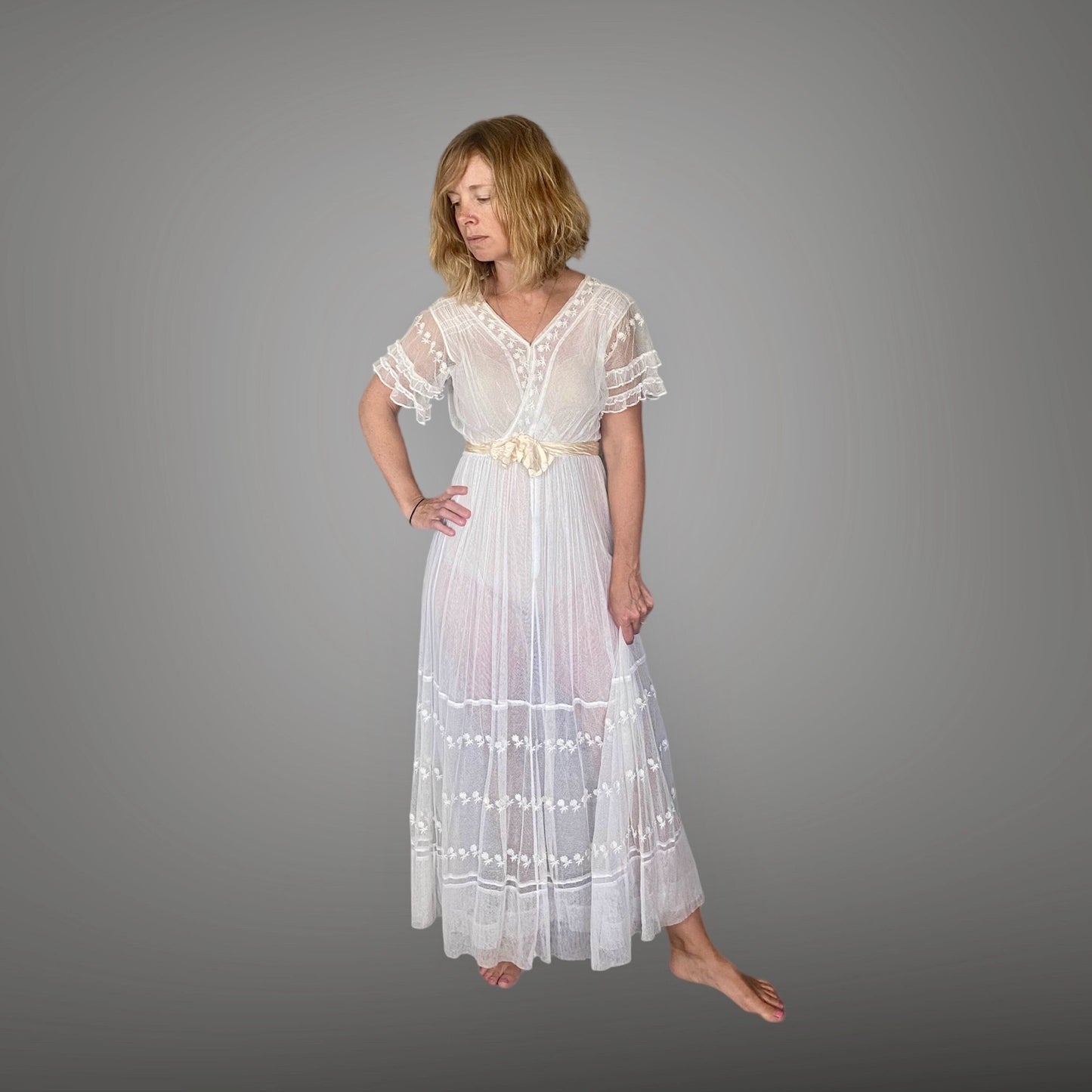 Antique 1910s White Embroidered Net Lace Edwardian Dress with Ruffle Sleeves, XS