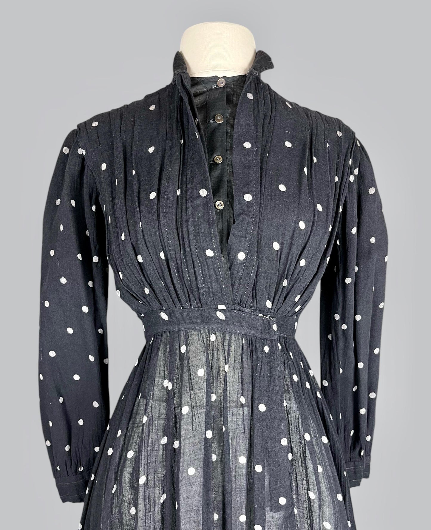 Antique Edwardian 1900s–1910s Black & White Polka Dot Cotton Gauze Dress, XS