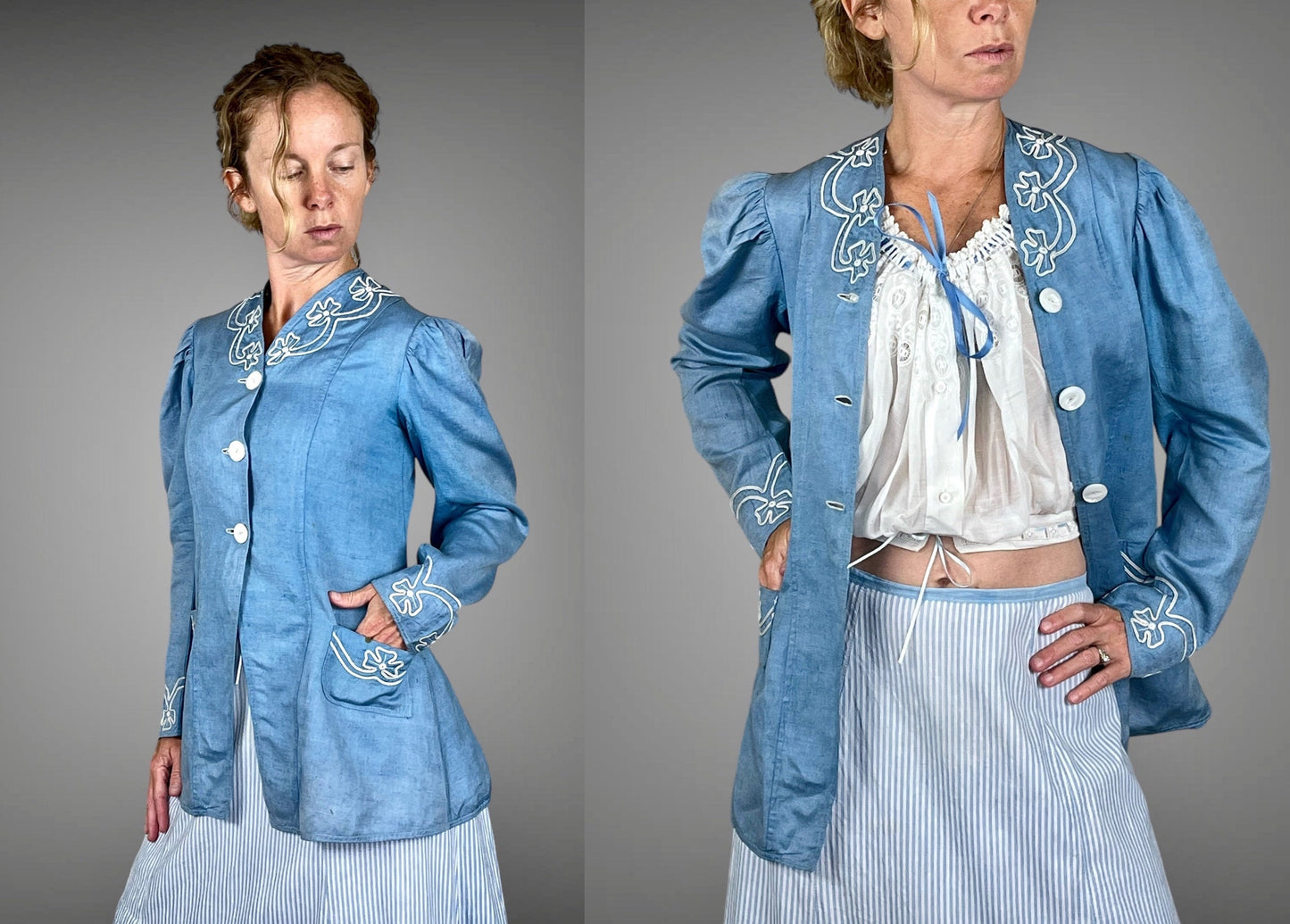 Antique c. 1900–1905 Edwardian Walking Suit, Blue Linen Jacket & Striped Cotton Skirt, XS/S