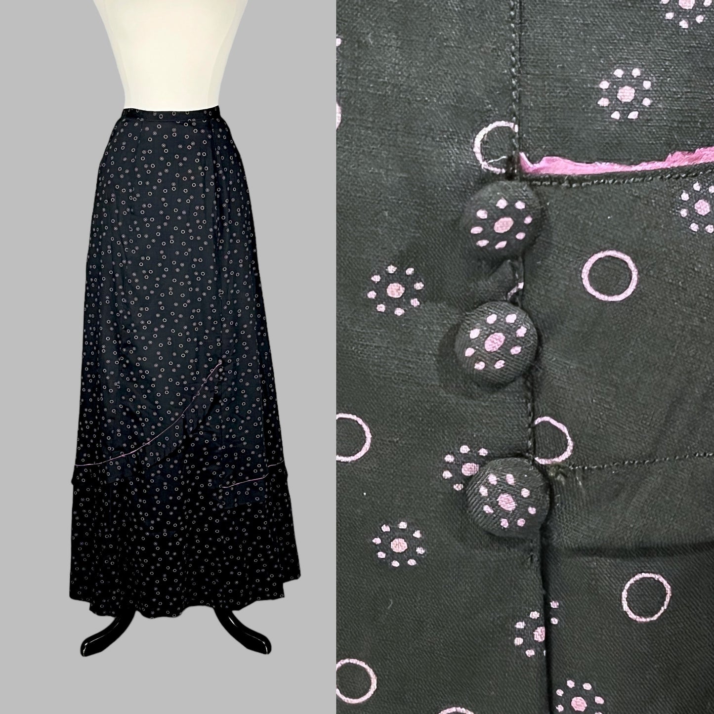 Antique Edwardian Printed Cotton Walking Skirt, 1900s–1910s, 24" Waist