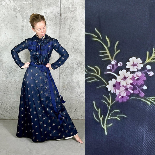 Antique Turn-of-the-Century Floral Silk Gibson Girl Dress Set, Victorian Edwardian Two-Piece, XS