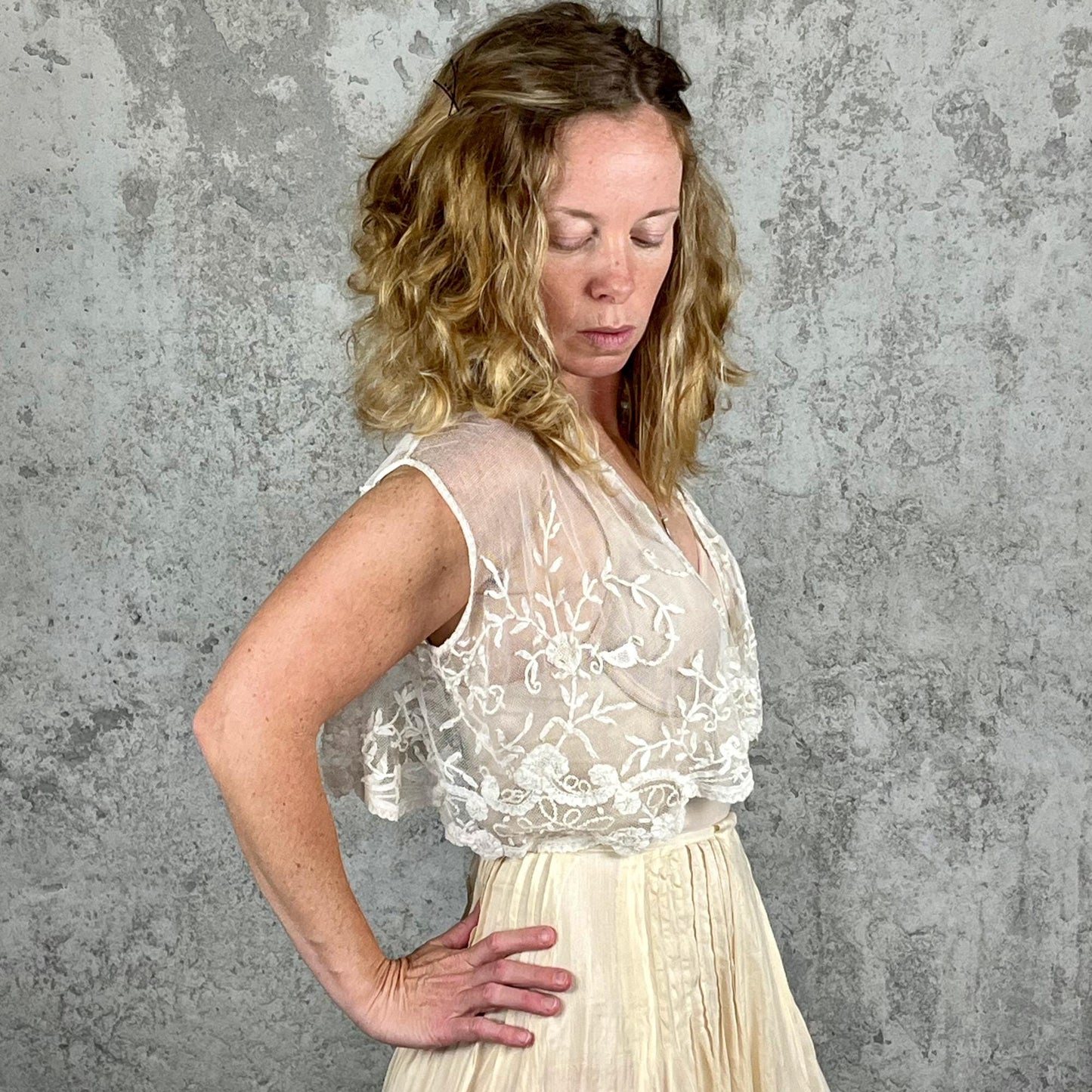 Antique 1900s Edwardian Embroidered Net Lace Top, Sheer Sleeveless Floral Bridal Layer