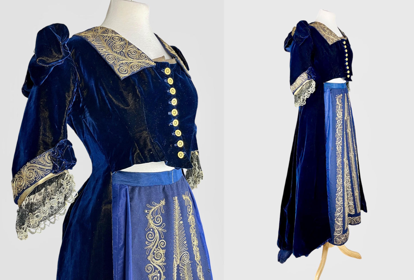 Antique Victorian Sapphire Blue Velvet Skirt & Cutaway Bodice Jacket with Gold Bullion Soutache Embroidery, Historical Costume, Medium