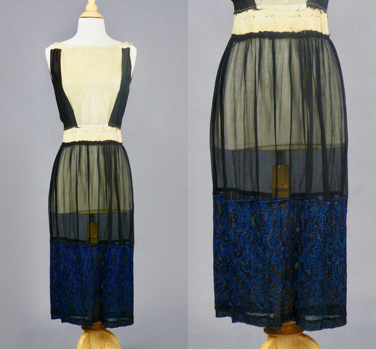 Antique Late 1910s–1920s Velvet Embroidered Flapper Dress with Sheer Sleeves, S–M