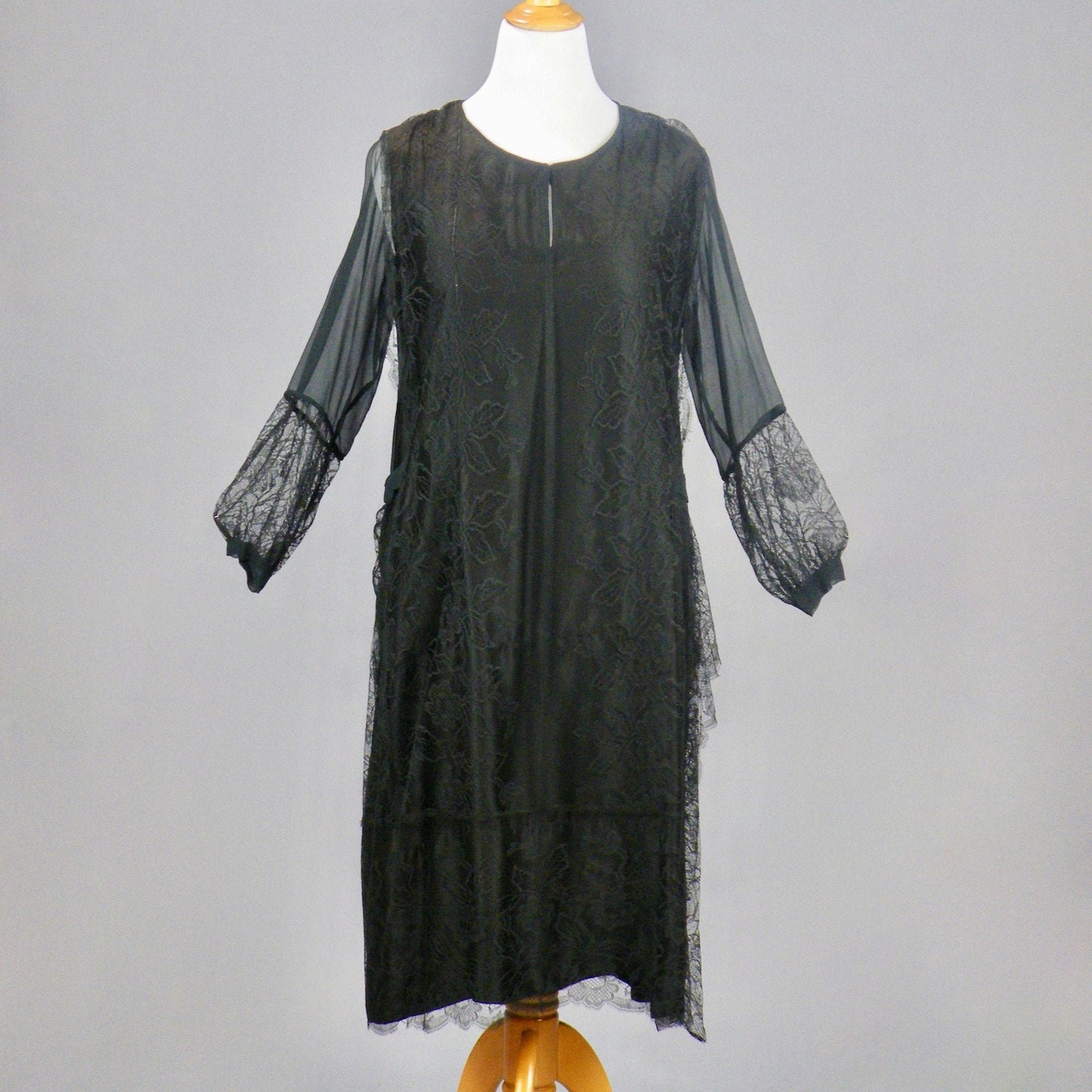 Vintage 1920s Black Silk Lace Dress, Jazz Age 20s Dress, Large