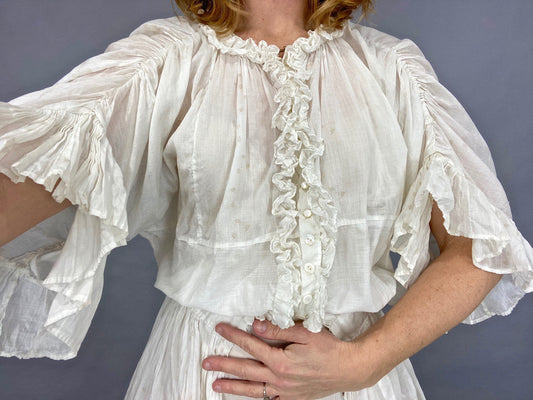 Antique Edwardian 1900s Printed Cotton 2-Piece Dress, Skirt & Tunic Blouse, XXS 23" Waist