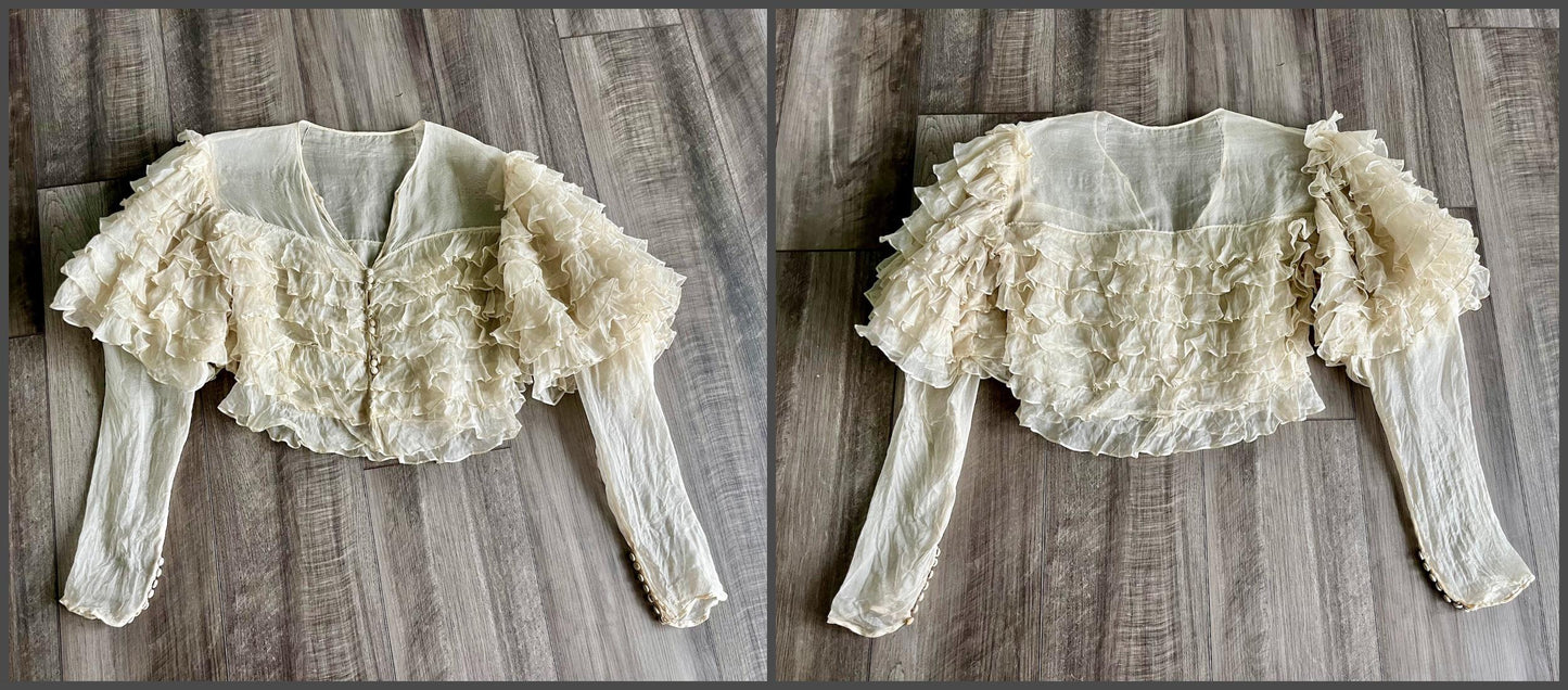Vintage 1930s Sheer Silk Blouse with Leg-of-Mutton Sleeves & Tiered Ruffles, XS–Small