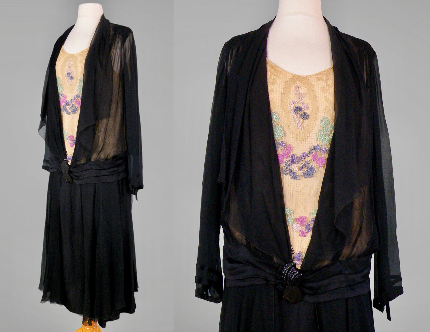 Vintage 1920s Beaded Net & Silk Dress, Art Deco Evening Gown, S/M - Medium